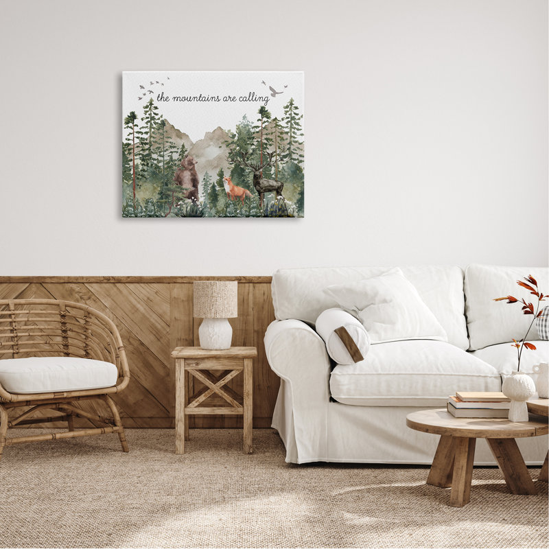«Mountains Are Calling Wilderness Animals Woodlands Trees», impression numérique sur estampe numérique par Amy Brinkman