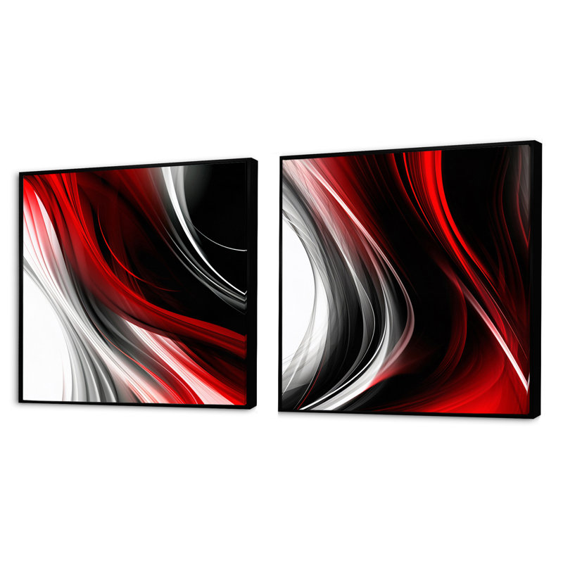 Ensemble de 2 collages carrés rouges et noirs Infinite Ripples, Cadre flottant noir, H 30 po x l 61 po