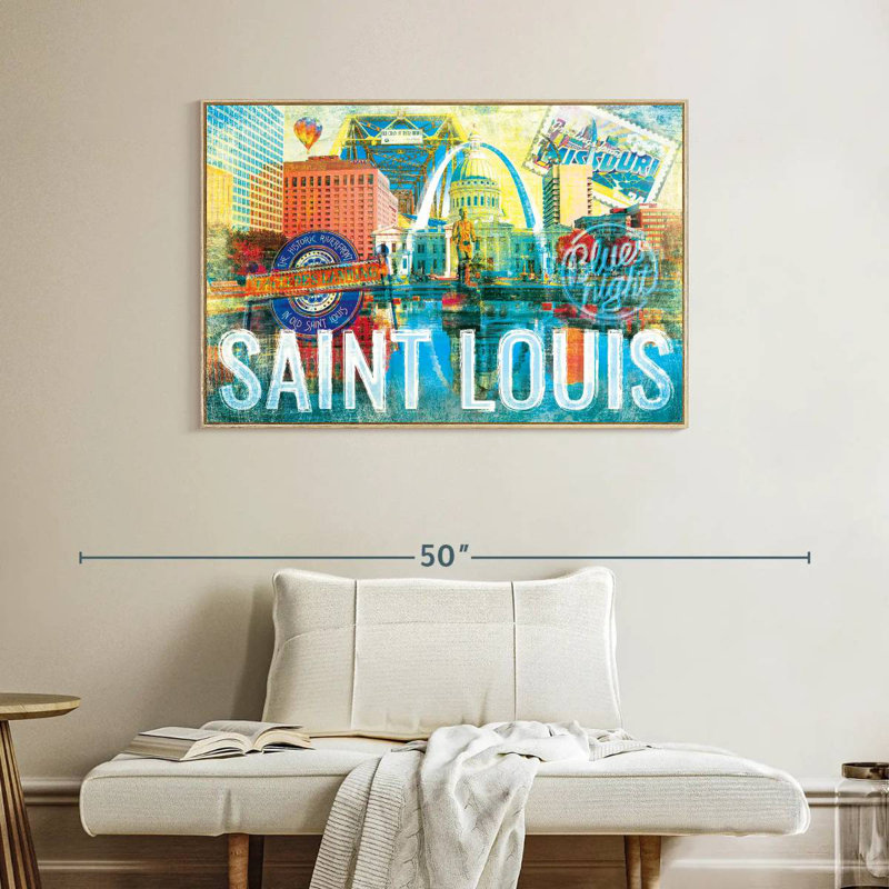 Saint Louis City Landmarks Grunge, 40" X 27", Floating Frame Natural Wood