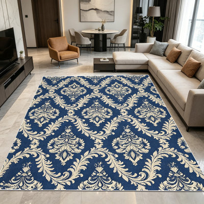 1PC Vintage Damask Navy Blue Floral Scroll area rugs for Living Room, Soft, All seasons, Easy-maintain, Washable Indoor mat, Farmhouse suitable for dining room, bedroom, entryway, kitchen, patio, Home Decor, Outdoor Decor.