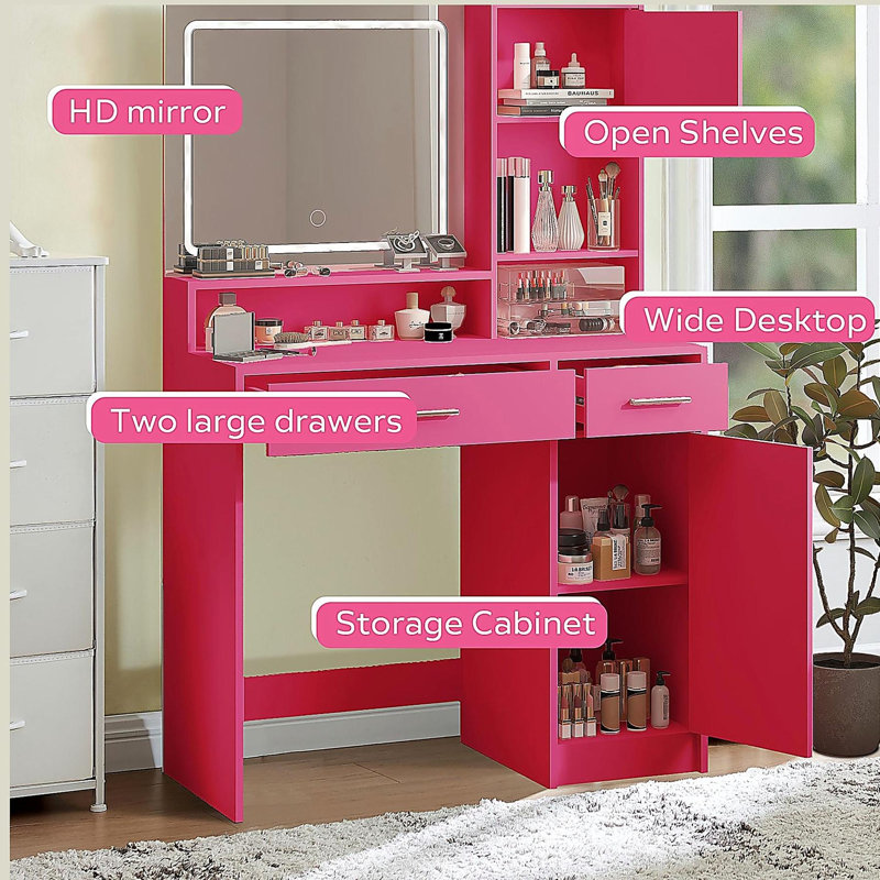 Bureau de coiffeuse avec miroir et bande lumineuse à DEL, coiffeuse avec grand tiroir, commode de rangement à 3 niveaux et 3 modes d'éclairage à luminosité réglable, convient à la chambre à coucher (rose)