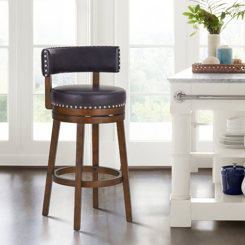 Tabouret de bar pivotant rembourré, chaise d'îlot de cuisine pivotante à 360° avec structure en bois massif, siège et dossier rembourrés, garniture cloutée