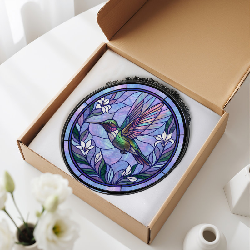 Vitrail de fenêtre en bois coloré 7,8 "Hummingbird, H 7,8 po x l 7,8 po