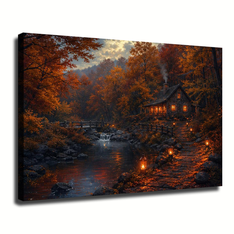 Cabane en pierre aux tons chauds d'automne, au bord d'un ruisseau, avec érables d'automne et lanternes de chemin - Tableau rustique sur toile