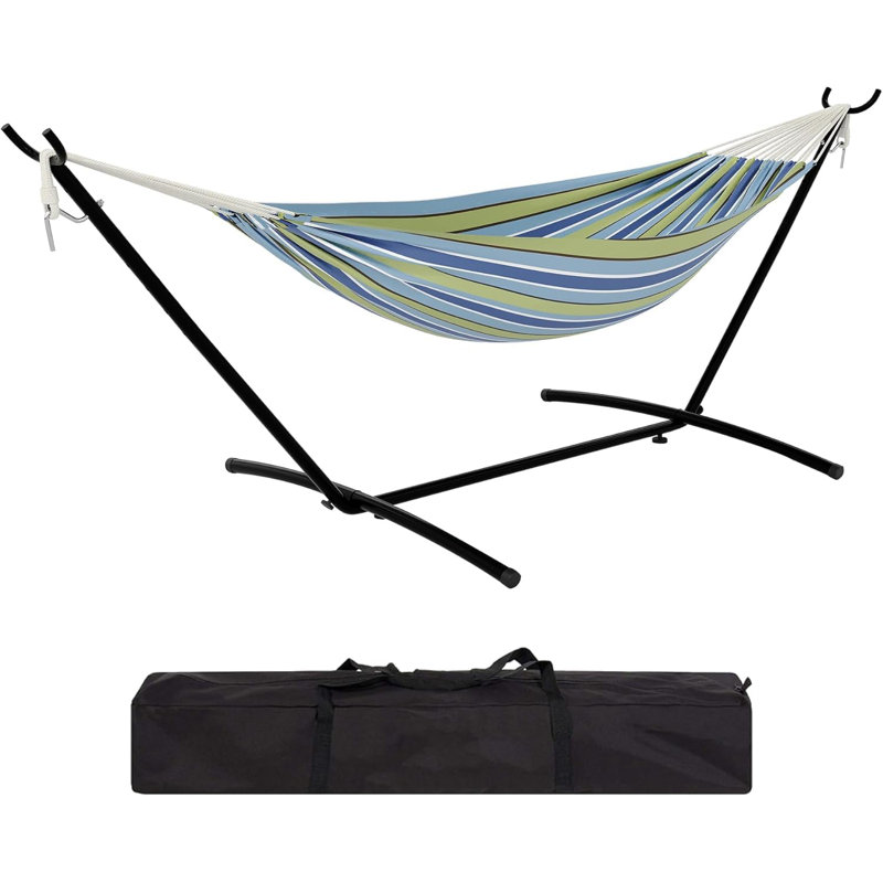 Heavy Duty Double Hammock with Stand for 2 Persons, 450 lbs Capacity, Cotton Rope Bed, Pillow,  Easy Assembly, Outdoor Indoor, Backyard, Patio, Poolside