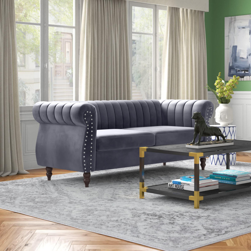 Canapé Chesterfield à accoudoirs roulés en velours 76,4 po Titus, Velours gris