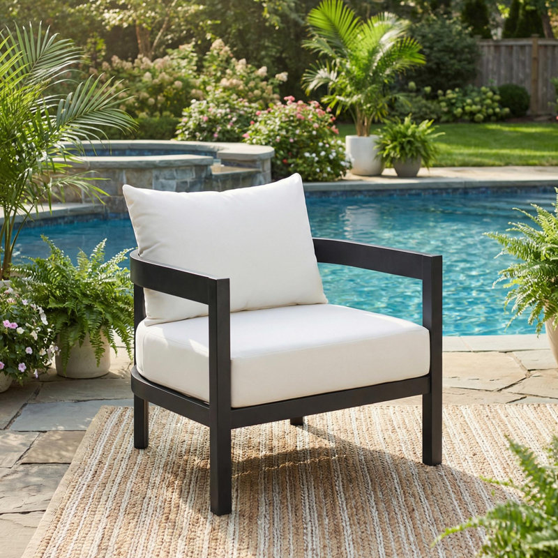 Contour 27.6" Outdoor Curved Patio Accent Chair with Aluminum Frame and Cushions, White Cushion/Black Frame, 2