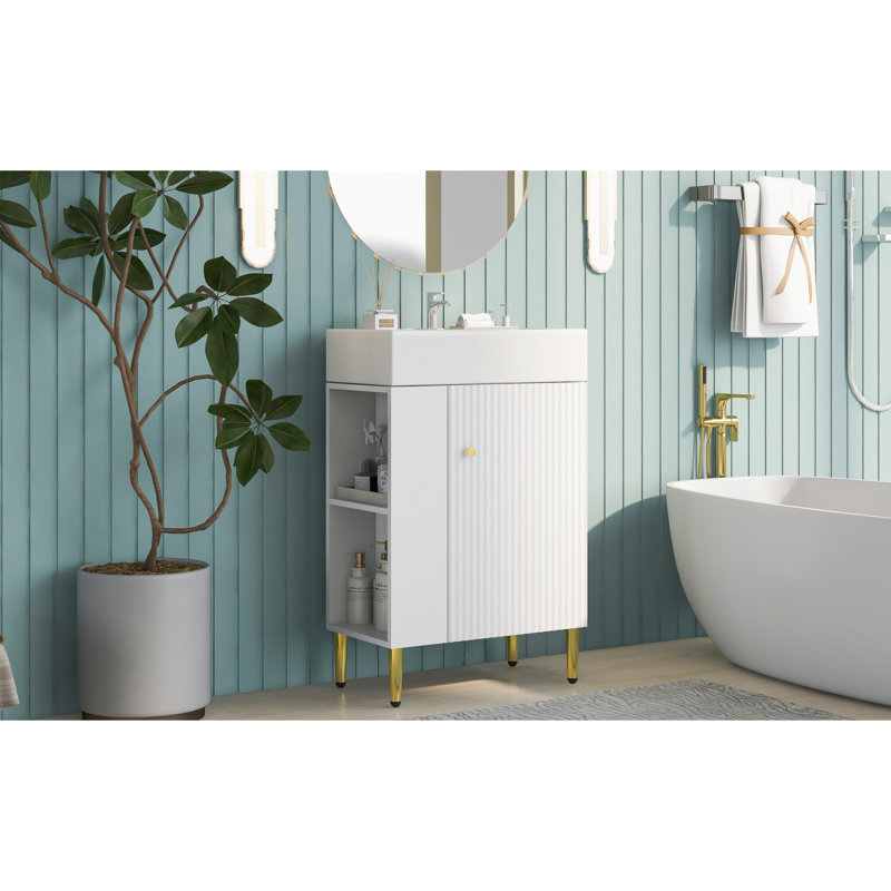 Meuble-lavabo blanc peu encombrant avec lavabo en céramique, design moderne