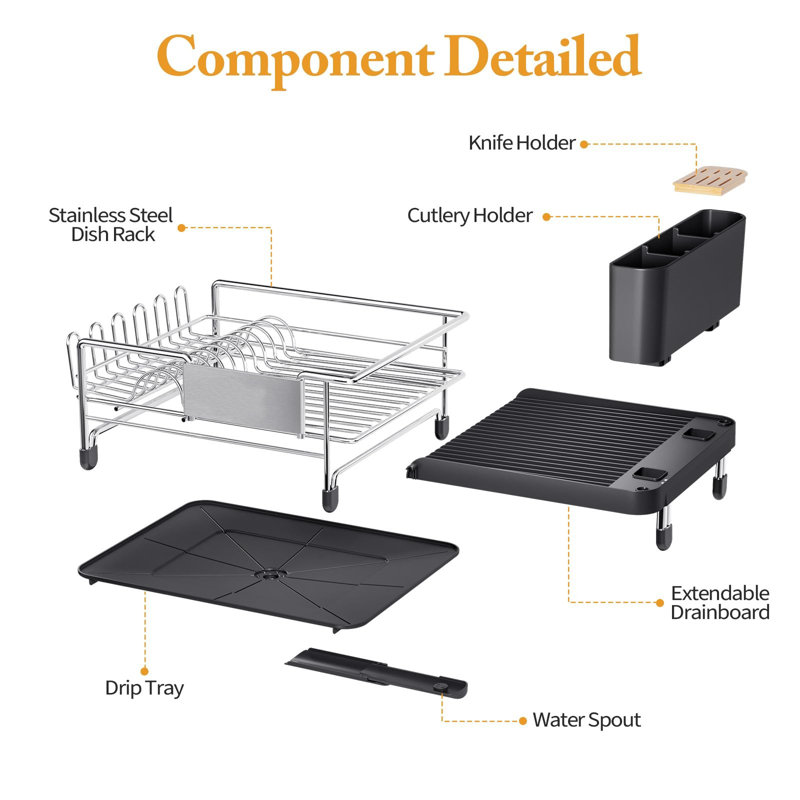 Expandable Stainless Steel Dish Rack with Utensil Cup and Drainboard