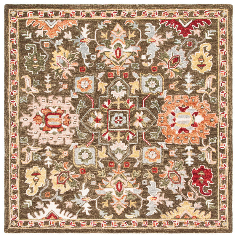 Tapis oriental brun en laine / coton touffeté à la main Felsenthal, Carré 6 pi
