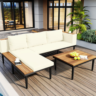 Patio extérieur luxueux en forme de L avec coussins amovibles et table d'appoint, pour cour, porche ou terrasse, toile d'eau, coffre-fort, 6 sièges élégants