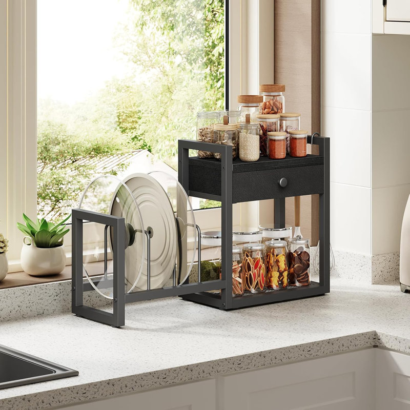 Étagère de comptoir, support pour casseroles et poêles, support pour couvercle de casserole avec 1 tiroir, support pour couvercle de casserole avec 2 crochets, pour la cuisine, la salle à manger