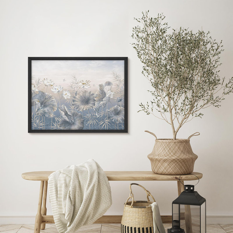 Elegant White Lotus Flowers in Tranquil Water Scene Illustrations Rustic Framed Poster, 11" H x 14" W, Black