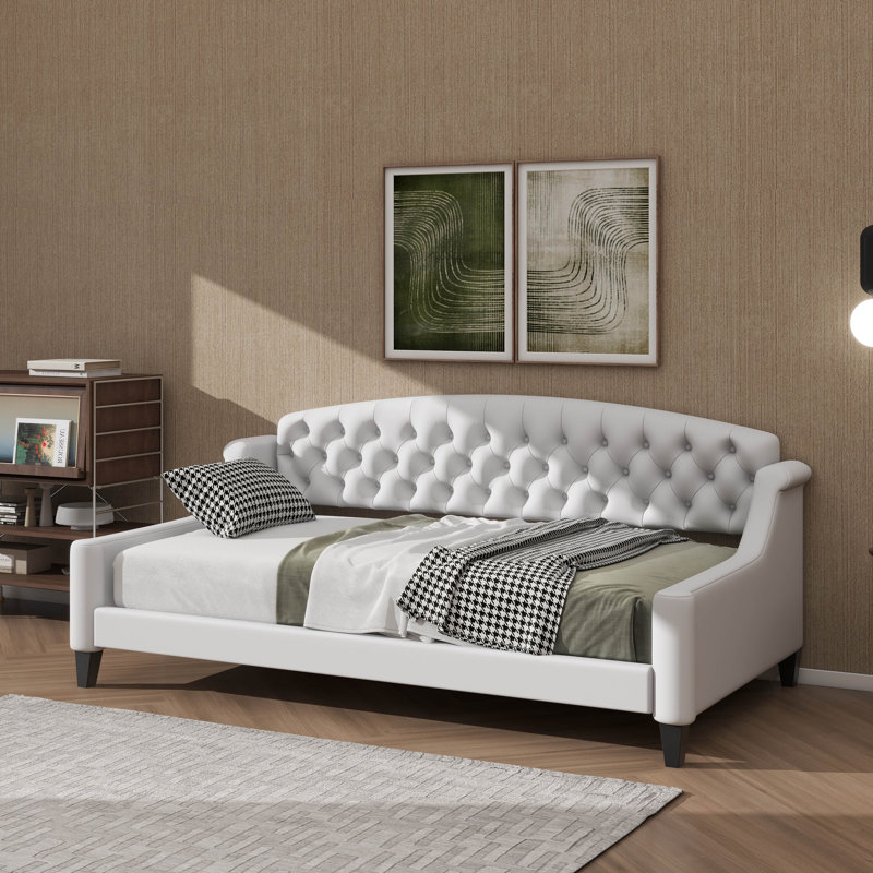 Lit de jour simple élégant avec détails capitonnés doux, Beige, Simple