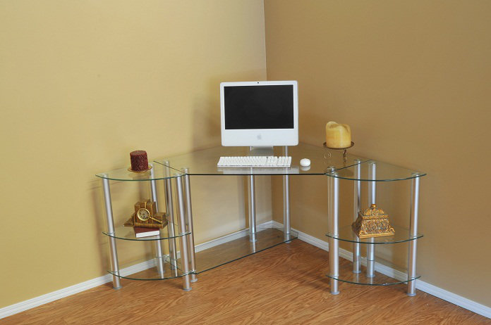 Corner Glass Top Metal Base Computer Desk
