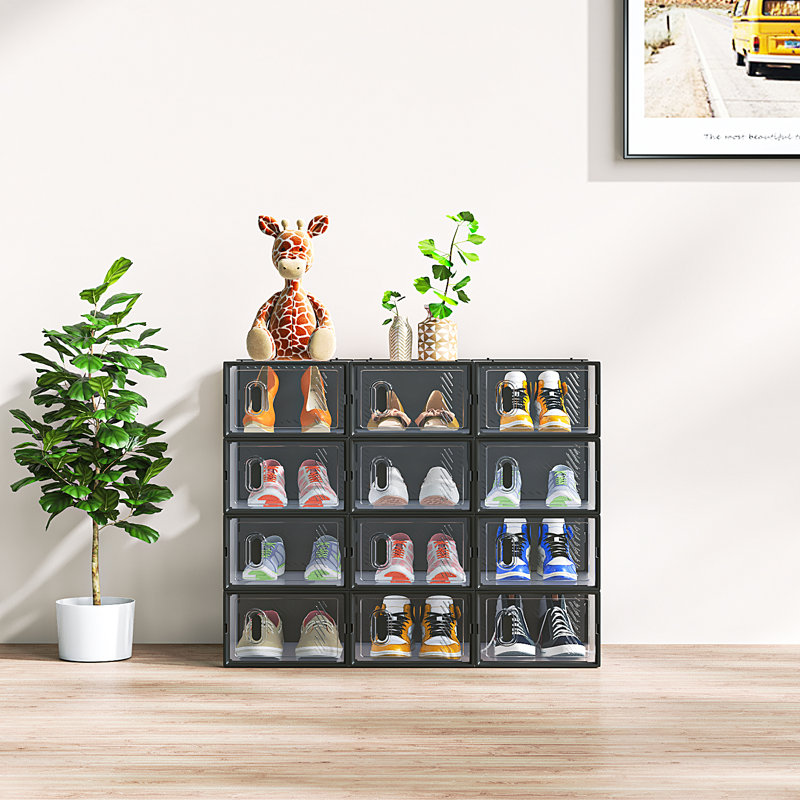 Black Shoe Storage Box Organizers Stackable (Set Of 12)