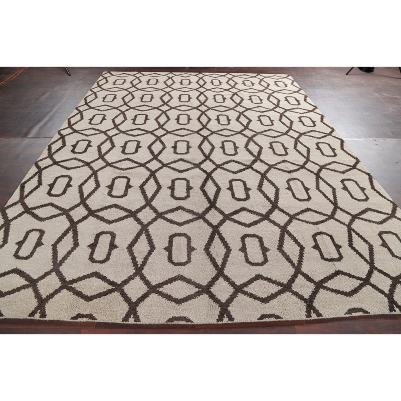Tapis noué la beige 9 pi x 12 pi en laine à la main one-of-kind Senac