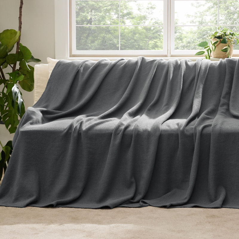Bedsure 100% Cotton Blanket Soft Cozy Textured Herringbone Woven Blanket for All Seasons,  Dark Gray, Queen