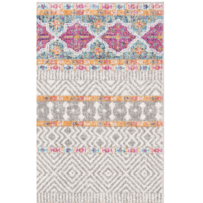 Tapis gris et ivoire à motif géométrique Christa, Tapis de couloir 2 pi 3 po x 14 pi