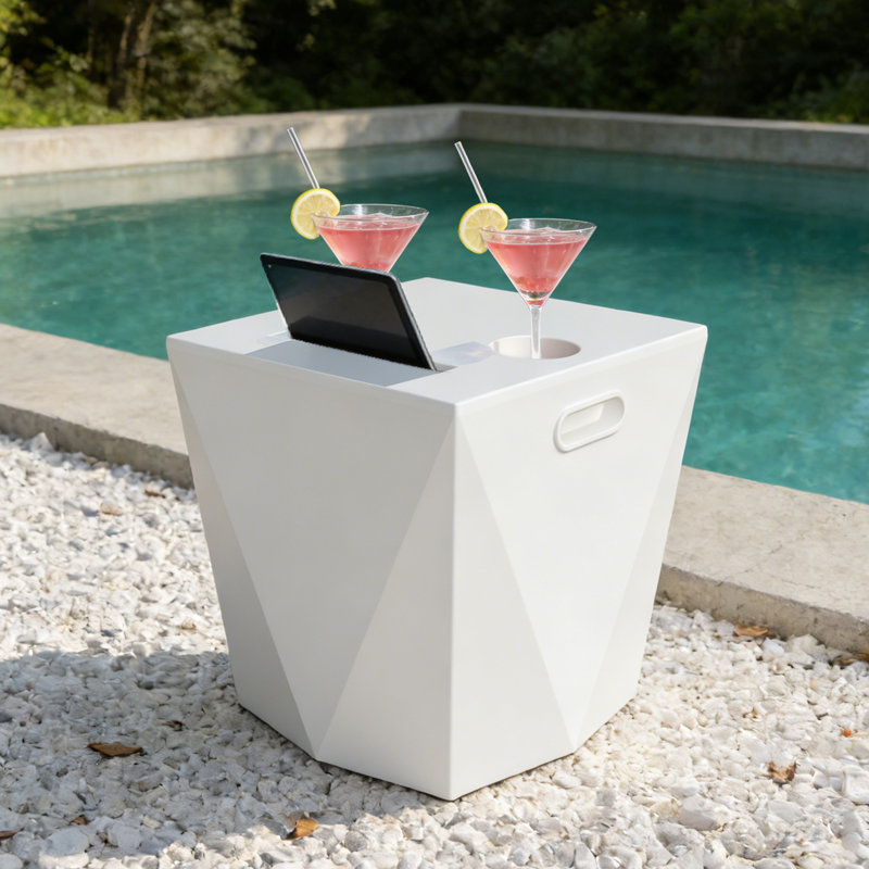Table d'appoint extérieure sans assemblage, table de bout de billard en plastique imperméable avec 2 porte-gobelets et 1 porte-tablette pour patio