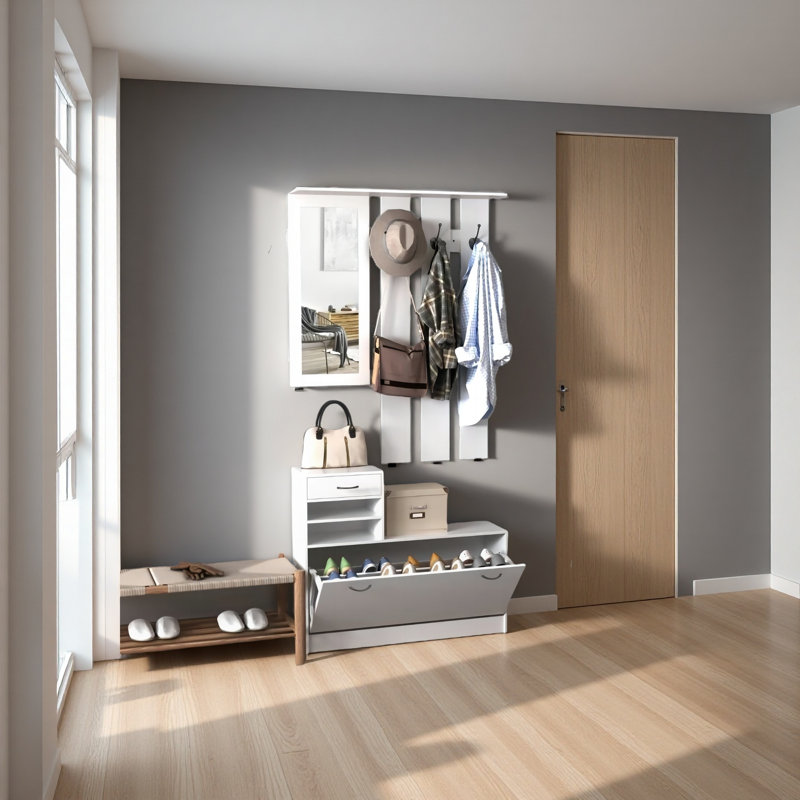 Trois-en-un modèle de barrière avec armoire à chaussures + tablette suspendue + miroir, Blanc