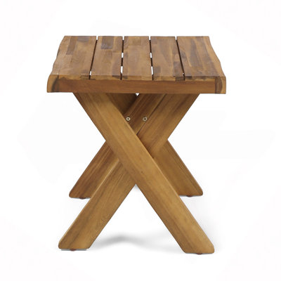 Rustic Acacia Wood Side Table - Sandblast Teak Finish & Cross Base
