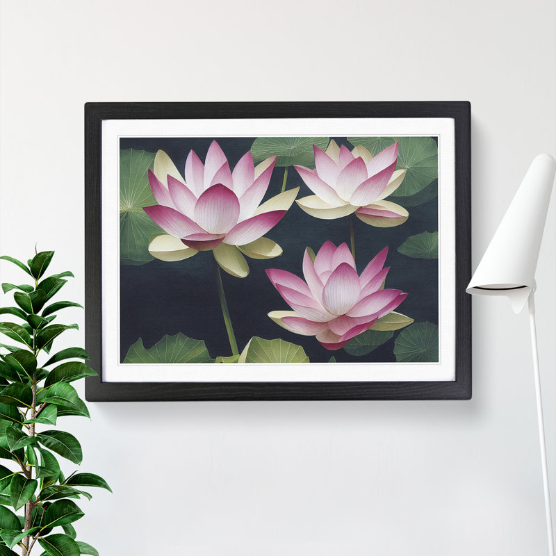 Lotus Flowers In Watercolour - Single Picture Frame Print, Black, 46cm H x 64cm W