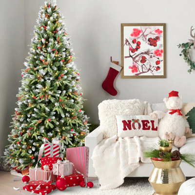 Arbre de Noël avec lumières à DEL blanc chaud - branches pe + pvc enneigées, baies rouges et pommes de pin, conception à charnières, support en métal stable - décoration de Noël réaliste