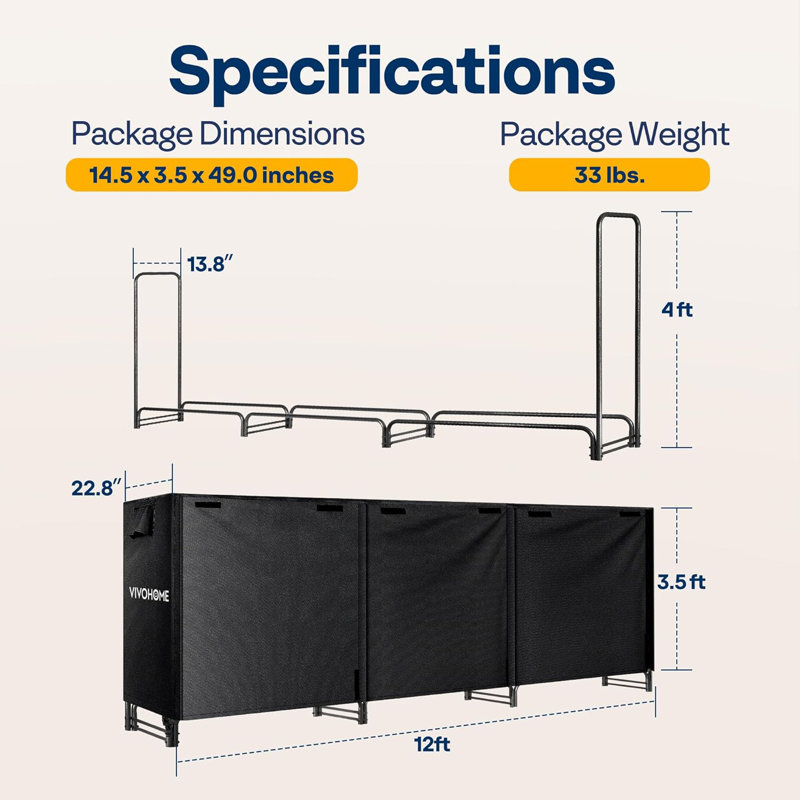 12 ft Black Heavy Duty Steel Firewood Rack with Cover