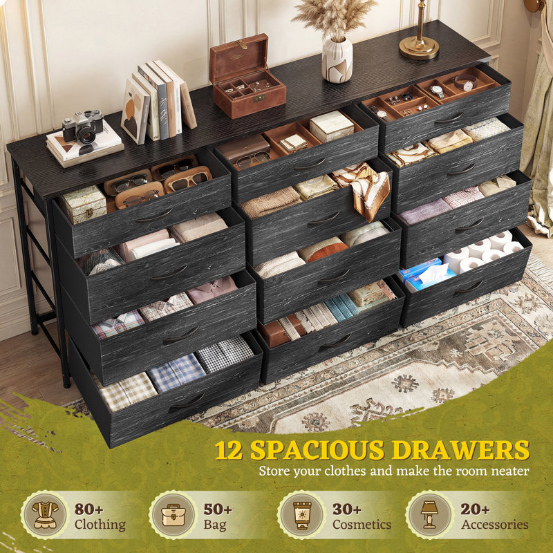 55" Wide Storage Dresser With 12 Fabric Drawers, Sturdy Metal Frame Tv Stand For Bedroom & Living Room, Black