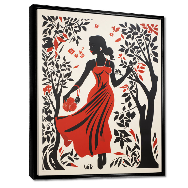 Dame avec la robe rouge dans les bois - mode femme, décoration murale, Cadre flottant noir, H 20 po x l 12 po