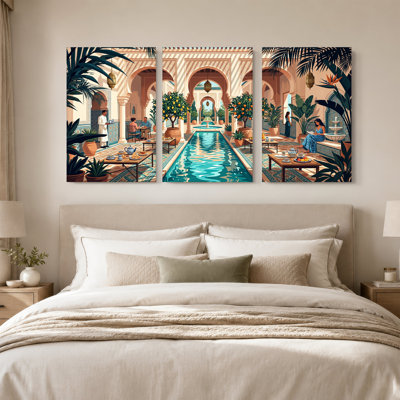 Ensemble de 3 toiles marocaines sur cour marocaine avec oranges et citronniers