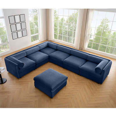Grand canapé modulaire modulaire avec rangement Canapé modulaire en chenille pour le salon, dossier cylindrique et accoudoirs 6 places, bleu