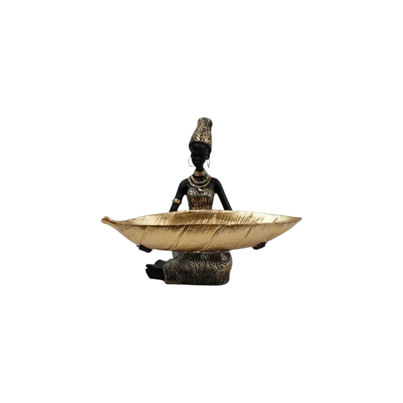 African Woman Figurine With Golden Tray