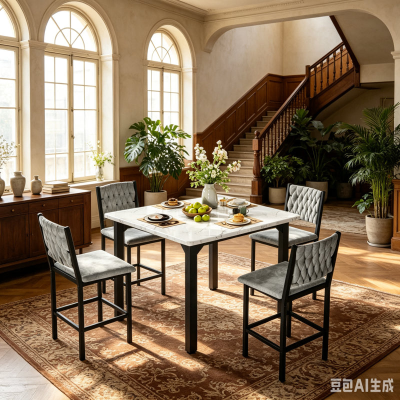 Ensemble de table de salle à manger 5 pièces avec table à hauteur de comptoir et 4 tabourets de bar, ensemble de salle à manger de cuisine moderne en faux marbre avec chaises rembourrées, ensemble de salle à manger compact pour petits espaces