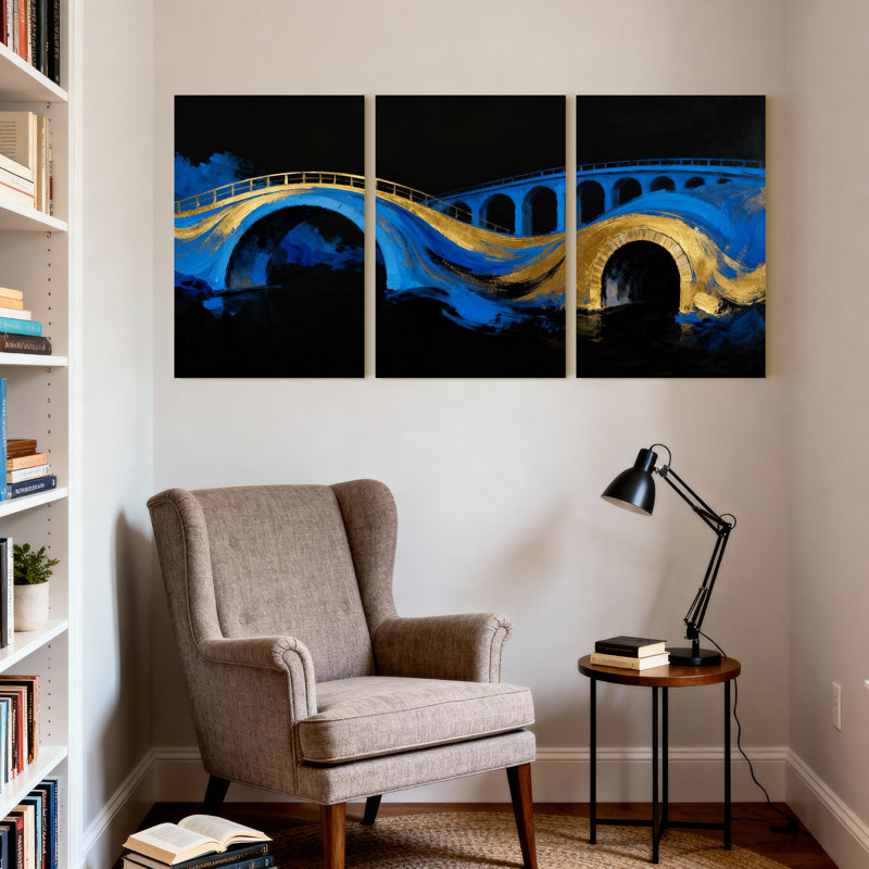 Cités et pays «Blue Gold Bridge Wave», ensemble de 3 reproductions d'art sur toile, H 30 po x l 60 po