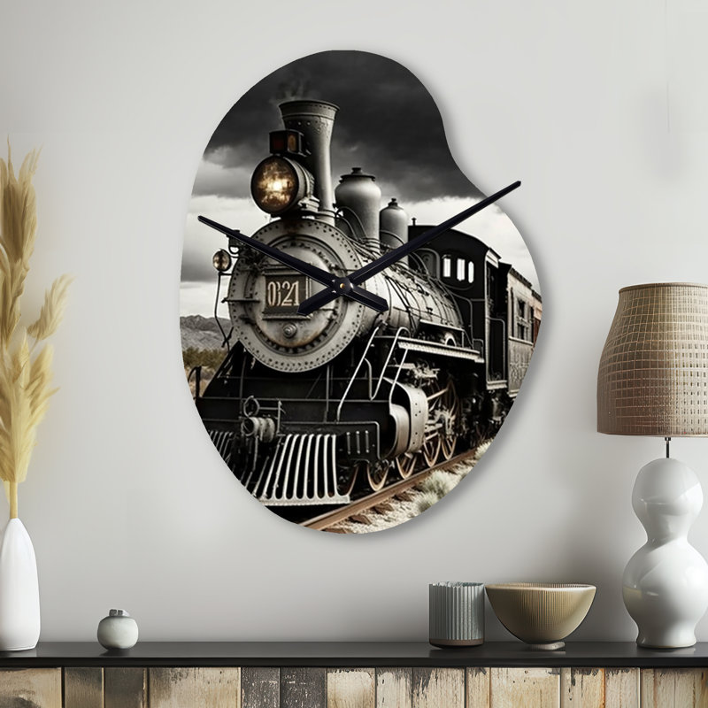Train sur la voie I - horloge asymétrique en métal noir, impression d'horloge murale moderne de forme irrégulière, Petit