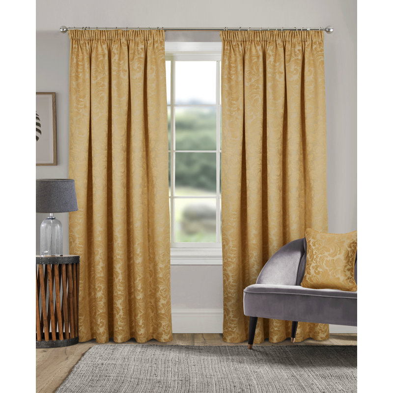 Hallas Pencil Pleat Damask Jacquard Curtains, 114 W x 122 D cm, Gold