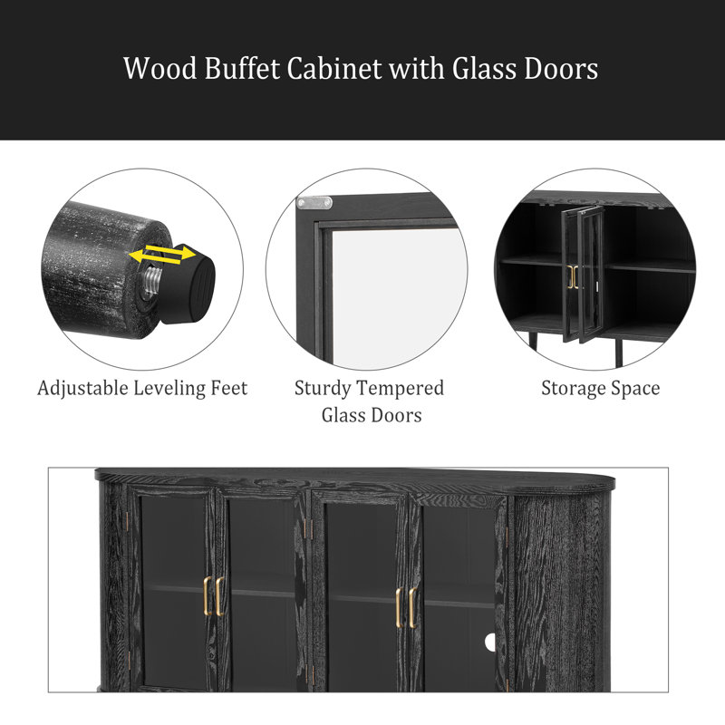 Farmhouse Sideboard Cabinet With Storage, Wood Buffet Cabinet With Glass Doors And Adjustable Shelves For Kitchen, Dining Room And Living Room
