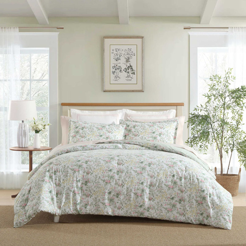 Ensemble d'édredon réversible en coton Laura Ashley, Édredon pour grand lit + 2 taies décoratives, Rose