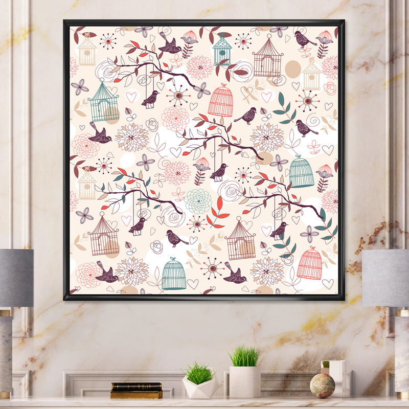 Motif d'oiseaux - peinture, H 16 po x l 16 po x P 1 po, Toile avec cadre flottant noir