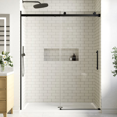 Porte de douche coulissante sans cadre de 56 à 60 po x H 74 po en noir avec système de fermeture en douceur et verre trempé transparent de 1/4 po