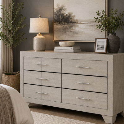 Qanto Wide Dresser With 6 Drawers, Rustic Cream Wood
