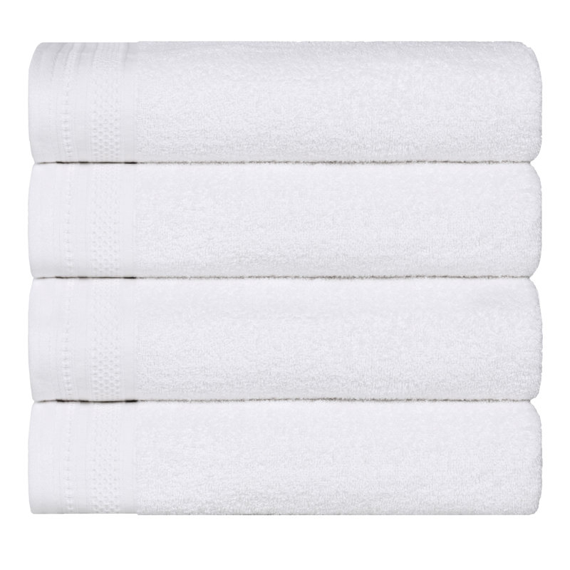 Honeycomb Textured Waffle Border Cotton Medium Weight Bath Towels, White