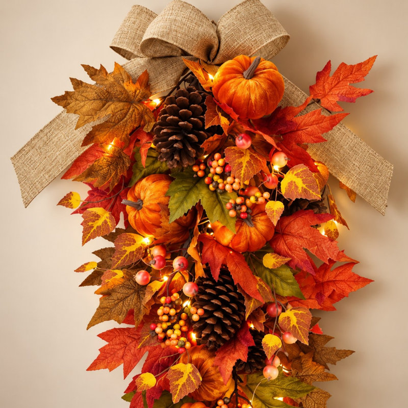 Guirlande lumineuse d'automne en forme de larme de 76 cm (30 po) avec citrouilles, feuilles d'érable et pommes de pin