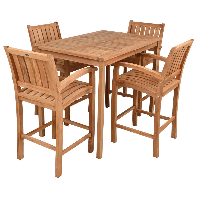 Teak Wood Bistro Bar Set Including Rectangular Table And Abacho Barstools With Arms, 43" H x 55" L x 35.5" W, 4