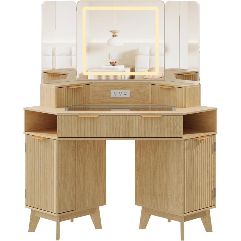 48" Corner Fluted  Makeup Vanity Desk w/ 3-Panel Lighted Mirror & Charging Station - Fluted Glass Top Makeup Desk w/Drawers for Bedroom
