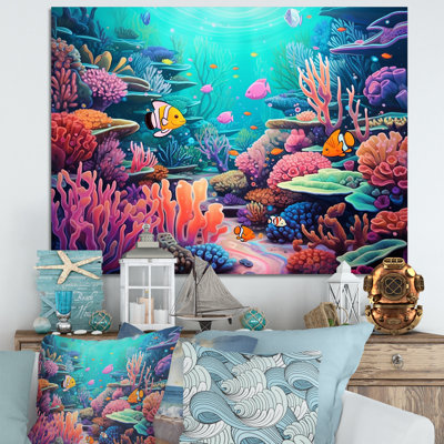 Kawaii Clownfish Coral Lansdscape I - poisson, art mural sur toile