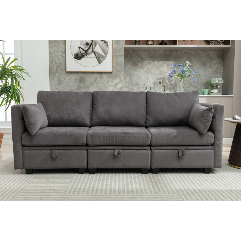 Calkins 3-seats Modular Sofa With Storage, Adjustable Arms, Gray