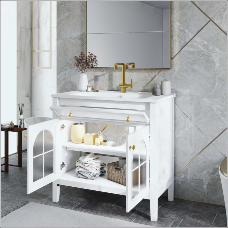 Lavabo de salle de bain de style Mid-Century avec verre à motif et bande lumineuse à capteur de mouvement, lavabo de salle de bain autoportant Farmhouse avec rangement, meuble-lavabo haut de gamme (robinet non inclus)